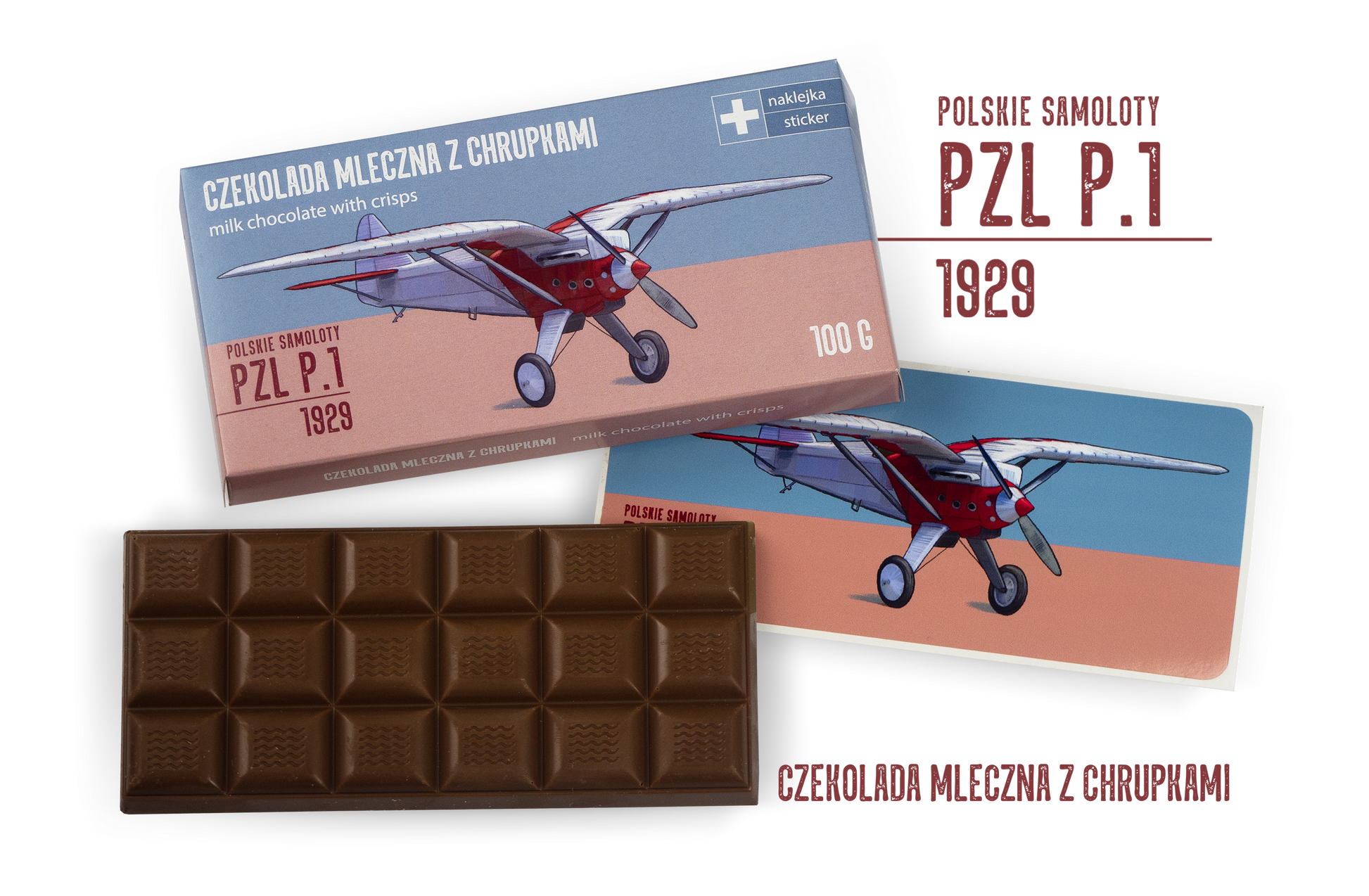 PZL P.1 — czekolada mleczna z chrupkami z naklejką