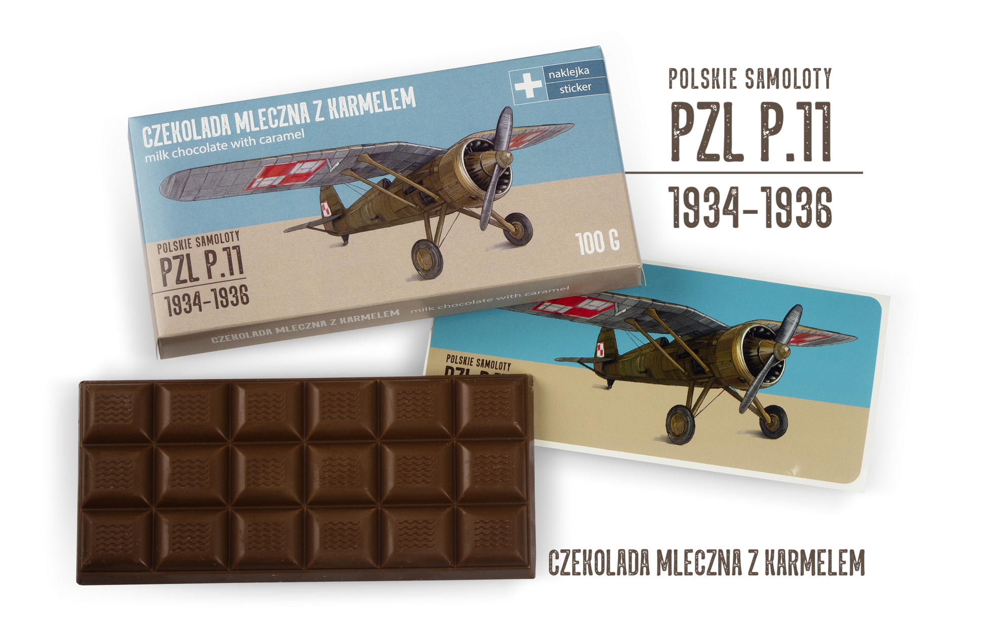PZL P.11 — czekolada mleczna z karmelem z naklejką