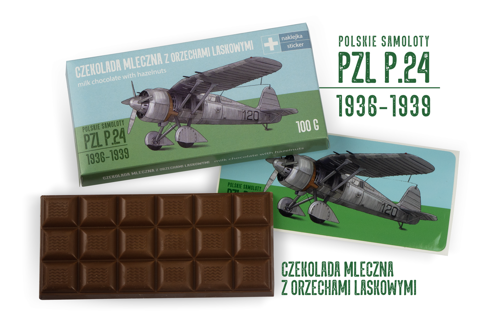 PZL P.24 — czekolada mleczna z orzechami laskowymi z naklejką