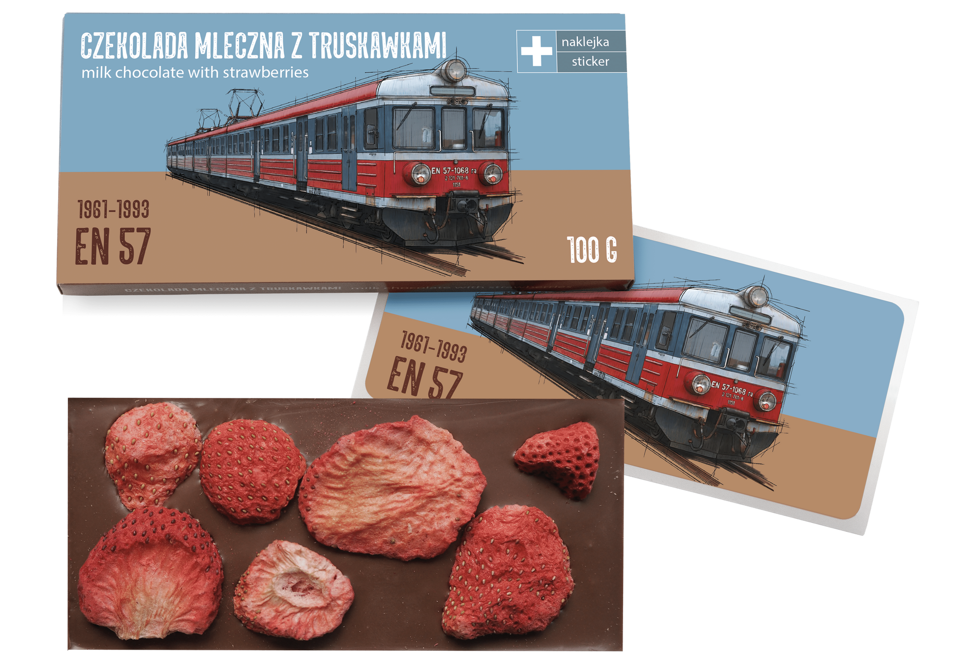 EN57 Regio — czekolada mleczna z truskawkami z naklejką